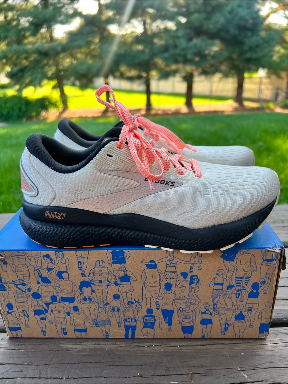 Brooks Ghost 16 Women's Running Shoes - white with black soles and coral laces